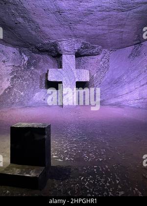 The famous Salt Cathedral of ZIpaquira, Colombia, an underground Roman Catholic church built in a salt mine 200 metres beneath the ground. Stock Photo