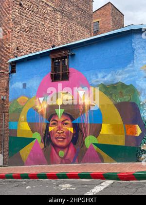 Street art (graffiti) in Bogota city, Colombia, America. Bogota has numerous colorful murals, which tell stories of political and social importance. Stock Photo