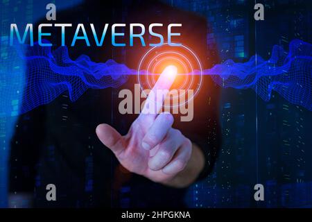 Metaverse background concept. Hand in virtual reality VR are connected in a big data sphere. Technology, artificial intelligence, business concept. High quality photo Stock Photo