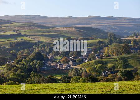 Early morning view of Bainbridge and surrounding hills from Lamb Hill near Askrigg