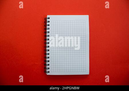 Blank open notebook and pen isolated on red background. Top view, flat lay. Stock Photo