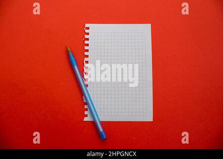 Blank notebook paper and pen isolated on red background. Top view, flat lay. Stock Photo