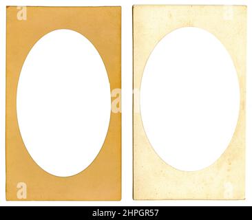 Old cardboard photo frame with ellipse vignette and empty space inside isolated on white background. Mock up Stock Photo