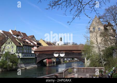 Swiss old town Baden on the river Limat with the traditional covered wooden bridge Stock Photo