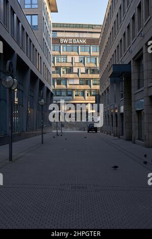Stuttgart, Germany - January 15, 2022: BW Bank in the city. Empty houses alley in the early morning. Stuttgart, Germany. Stock Photo