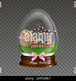Easter glass globe with gingerbread house and train. egg shaped water globe with gingerbread landscape Stock Vector