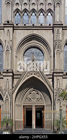 Old church in the downtown of Rio de Janeiro city with new modern black ...