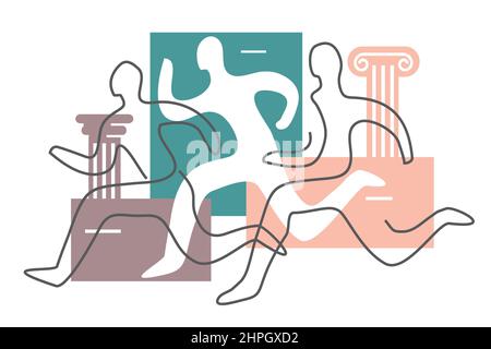 Running people,marathon runners, line art stylized.Continuous line drawing with three runners on a background  with antique columns. Vector available. Stock Vector