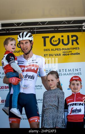 Bauke Mollema (team Trek Segafredo) seen with family on the podium before the stage.Nairo Quintana, leader of the Arkea-Samsic team is the winner of the last stage of the Tour 06-83 between Villefranche-sur-Mer and Blausasc. Guillaume Martin of the Cofidis team finished second at 01'21'' and Thibaut Pinot of the Groupama-FDJ team was third at 01'30''. Colombian Nairo Quintana (Arkea Samsic team) wins the overall classification of the Tour du Var et des Alpes-Maritimes 2022 ahead of Belgian Tim Wellens (Lotto Soudal team) and French rider Guillaume Martin (Cofidis team). (Photo by Laurent Coust Stock Photo