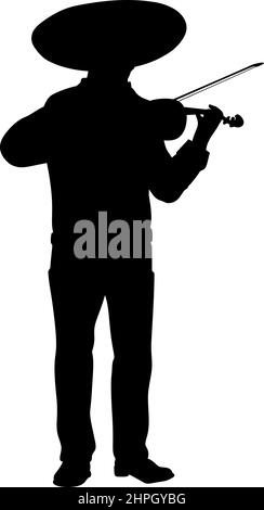Silhouette of mexican mariachi playing on violin. Stock Vector