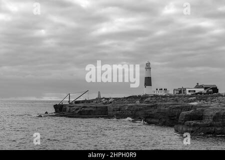 Black and white photo of Portland Bill lighthouse in Dorset Stock Photo