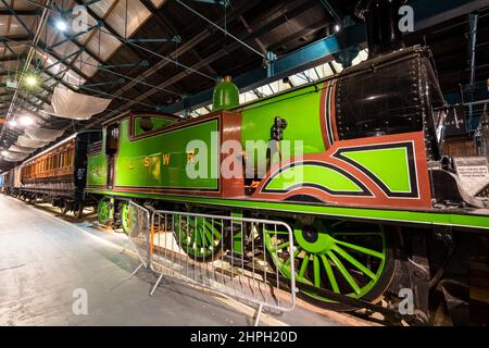 York.Yorkshire.United Kingdom.February 13th 2022.A London and south west railway M7 class steam train is on display at the National Railway Museum in Stock Photo