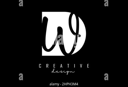 Black and white DW Letters logo with negative space. Letters D and W with geometric and handwritten typography. Creative Vector Illustration with lett Stock Vector