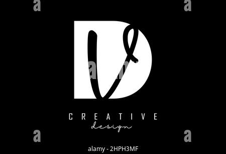 Black and white DV Letters logo with negative space. Letters D and V with geometric and handwritten typography. Creative Vector Illustration with lett Stock Vector