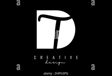 Black and white DT Letters logo with negative space. Letters D and T with geometric and handwritten typography. Creative Vector Illustration with lett Stock Vector