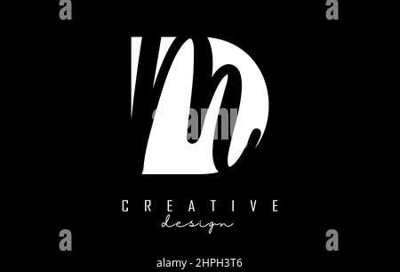 Black and white DM Letters logo with negative space. Letters D and m with geometric and handwritten typography. Creative Vector Illustration with lett Stock Vector