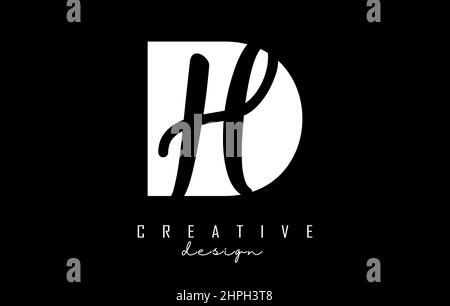 Black and white DH Letters logo with negative space. Letters D and H with geometric and handwritten typography. Creative Vector Illustration with lett Stock Vector