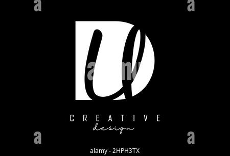 Black and white DU Letters logo with negative space. Letters D and U with geometric and handwritten typography. Creative Vector Illustration with lett Stock Vector