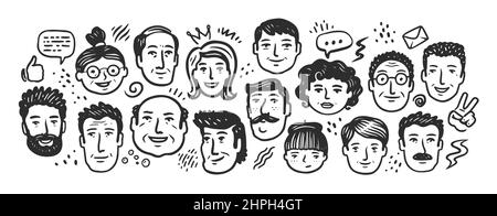 Faces of people different nationalities and ages drawn with black outline. Society doodle vector illustration Stock Vector