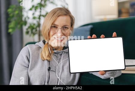 Woman using mockup screen tablet Stock Photo