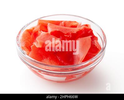 Red pickled ginger in glass bowl isolated on white background with clipping path Stock Photo