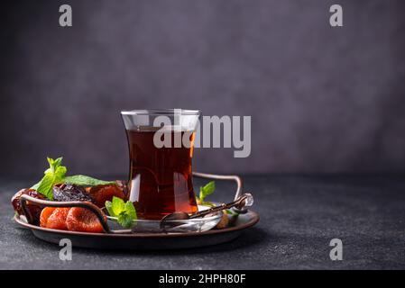 Turkish tea with dried fruits Stock Photo