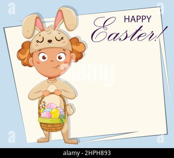 Happy Easter greeting card. Cheerful girl cartoon character in a costume of rabbit holding basket with colored eggs. Easter bunny costume. Stock vecto Stock Vector