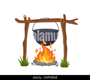 Cauldron over campfire for outdoor cooking isolated on white background. Vector illustration in a flat style. Eps 10 Stock Vector