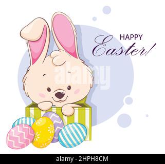 Happy Easter greeting card. Funny cartoon character rabbit sitting in a box near colored eggs. Easter bunny. Stock vector illustration Stock Vector