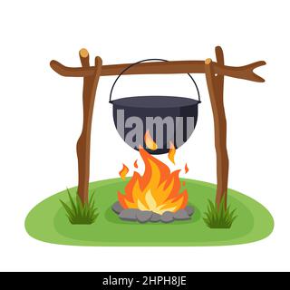 Cauldron over campfire for outdoor cooking isolated on white background. Vector illustration in a flat style. Eps 10 Stock Vector