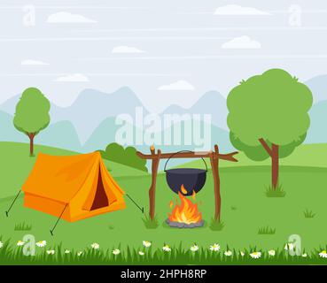 Camping with a tent in nature with a fire. Vector illustration in flat style. Eps 10 Stock Vector