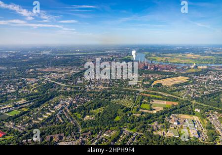 Aerial view, thyssenkrupp Steel Europe - Factory harbour Schwelgern at the river Rhine as well as fallow area and building site Friedrich-Park in Marx Stock Photo