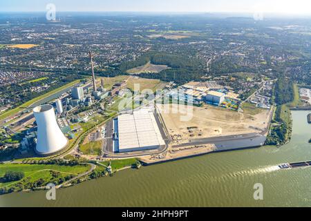 Aerial view, logport VI at the STEAG cogeneration plant Walsum and development for logistics companies and new warehouses in the district Alt-Walsum i