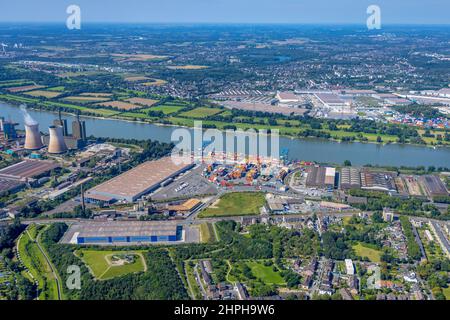 Aerial photograph, logport II, Rhein-Ruhr Terminal Company and new logistics hall at the foot of Tiger & Turtle, River Rhine, Wanheim-Angerhausen, Dui Stock Photo