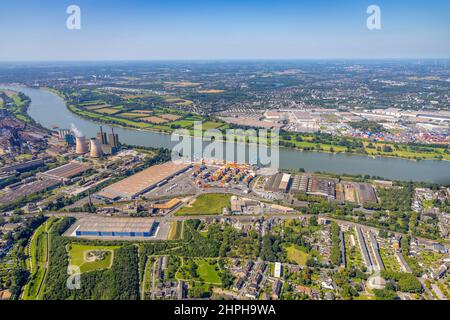 Aerial photograph, logport II, Rhein-Ruhr Terminal Company and new logistics hall at the foot of Tiger & Turtle, River Rhine, Wanheim-Angerhausen, Dui Stock Photo