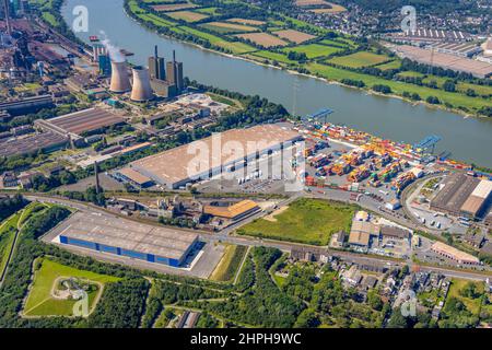 Aerial photograph, logport II, Rhein-Ruhr Terminal Company and new logistics hall at the foot of Tiger & Turtle, River Rhine, Wanheim-Angerhausen, Dui Stock Photo