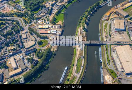 Aerial view, Port of Duisburg Ruhrort with mouth of the Ruhr into the Rhine in the district of Ruhrort in Duisburg, construction site near the Karl Le Stock Photo