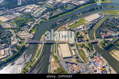 Aerial view, Port of Duisburg Ruhrort with mouth of the Ruhr into the Rhine in the district of Ruhrort in Duisburg, construction site near the Karl Le Stock Photo