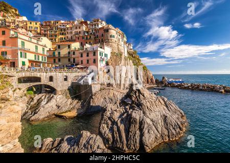 View of Manarola (Manaea in the local dialect), the second-smallest of the famous Cinque Terre towns, Italy. Stock Photo