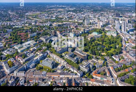 Aerial view, city centre view Essen with demolition Ypsilon-Haus of RWE headquarters Essen as well as city garden with philharmonic hall Essen in the Stock Photo