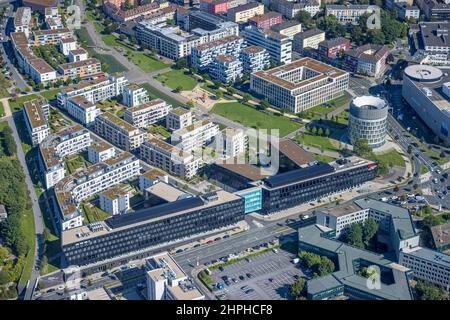 Aerial view, Green Centre Essen with Funke Media Group in the city centre, Essen, Ruhr Area, North Rhine-Westphalia, Germany, DE, Europe, Funke Tower, Stock Photo