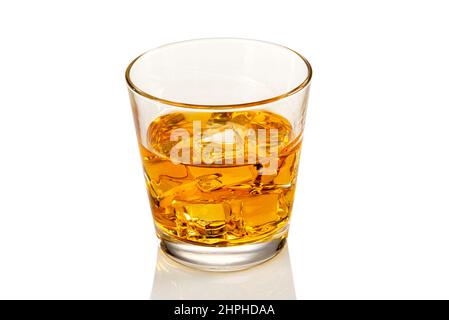 Glass of whiskey or whisky or bourbon or scotch, with ice cubes, closeup isolated on white, clipping path Stock Photo