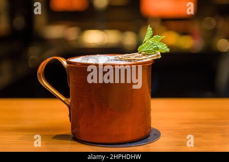 Delicious Moscow Mule drink copper cup close-up Stock Photo
