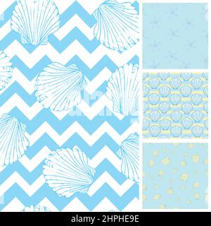Set of sea and nautical seamless patterns in white and pale blue colors. Vector illustration. Stock Vector