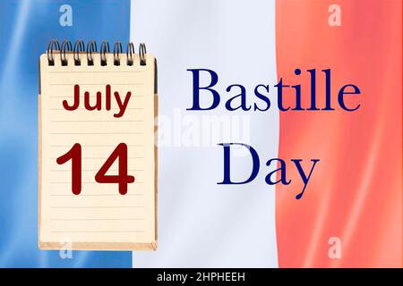 The celebration of French National Celebration with the french flag and the calendar indicating the July 14 Stock Photo