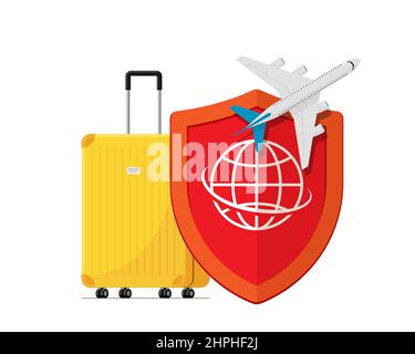 Travel insurance banner concept. Yellow traveling luggage suitcase and airplane trip protect by red shield with world globe. Plane flight safety symbol. Aircraft journey risk protection. Vector eps Stock Vector