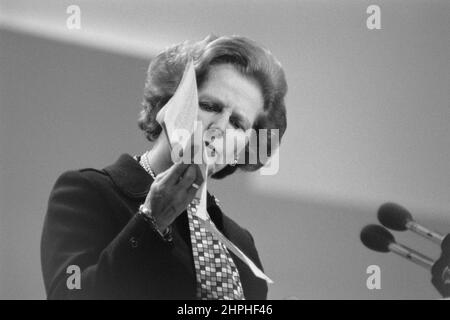 Prime minister Margaret Thatcher reading her notes while speaking at the 1984 Conservative conference. Stock Photo