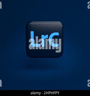 Logos of the photo editing software program Adobe Photoshop Lightroom Classic - major part of the Creative Cloud Apps Suite on a tile hovering over a Stock Photo