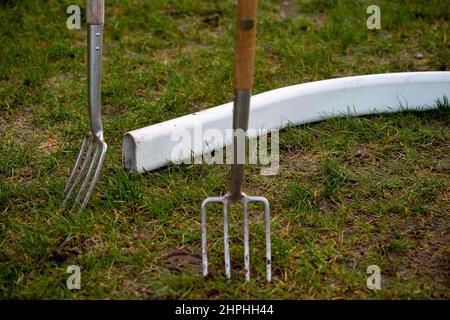 Ascot, Berkshire, UK. 19th February, 2022. Forks at the ready on the racktrack at Ascot Racecourse. Credit: Maureen McLean/Alamy Stock Photo
