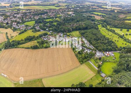 Aerial view, city view district Hohenheide and river Löhnbach in Wiesengrund, Fröndenberg/Ruhr, Ruhr area, North Rhine-Westphalia, Germany, DE, Europe Stock Photo